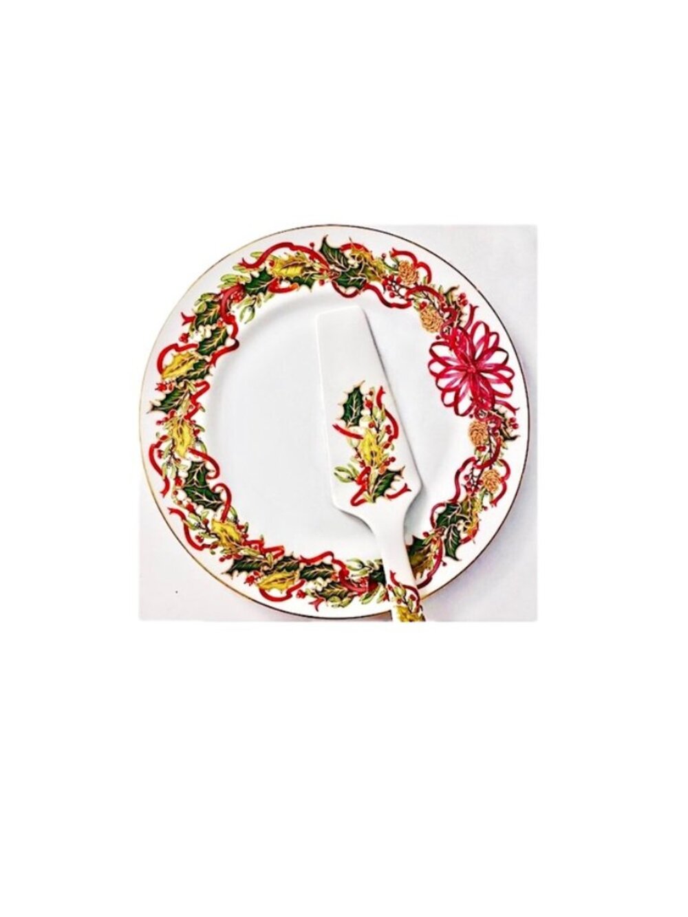Lenox & Sadek China Cake Pie Plate w Server Andrea Pattern Christmas Garland NEW
